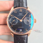 Perfect Replica IWC Portugieser Rose Gold Black Dial Leather Strap Mens Watches 